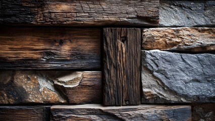 Rustic Harmony: A Close-up of Weathered Wooden Planks and Rough Natural Stone Blocks Creating a Textured Wall Background
