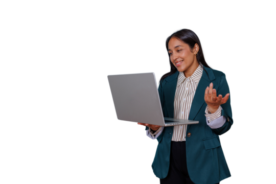 Businesswoman talking during video call, holding laptop, expressing ideas, communicating online, transparent background