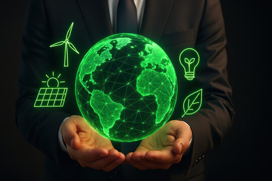 Innovative sustainable business concept showcasing green energy solutions, including wind, solar, and eco friendly practices