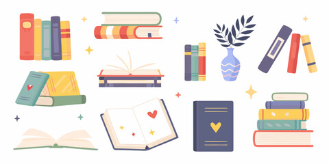 Collection of colorful illustrated books and decorative elements on a white background