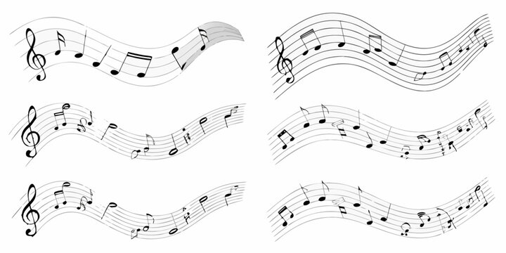 Collection of six wavy musical staffs with black notes and treble clefs on a white background