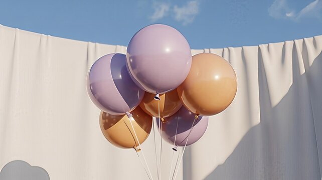Aesthetic cluster of lavender and tan balloons floating against a bright white curtain and blue sky, perfect for joyful event decoration or minimalist backgrounds