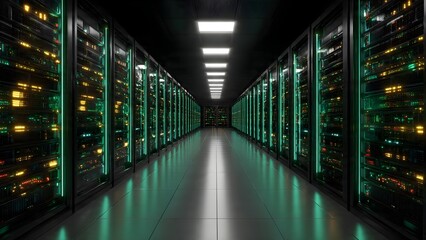 Endless Digital Corridor: Illuminated Server Racks Powering Global Information Networks
