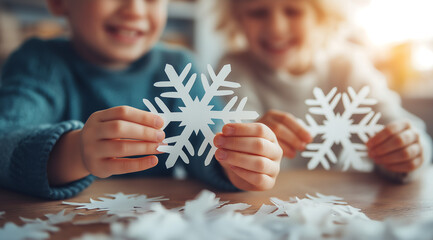 Happy children crafting paper snowflakes for winter holidays at home