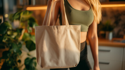 Close up of a woman holding an eco friendly beige tote bag at home