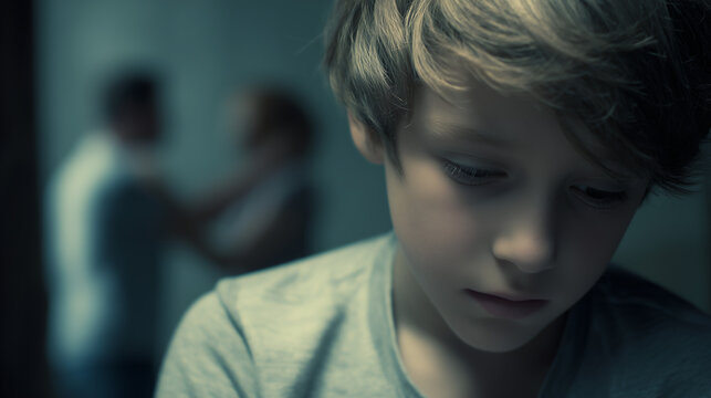 Sad child witnessing parents arguing in the background