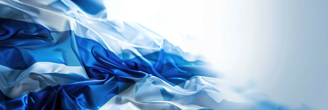 Horizontal banner for Finnish Independence Day featuring abstract Finnish flag on airy blue and white fabric texture. Celebration design with generous free space for text - Powered by Adobe