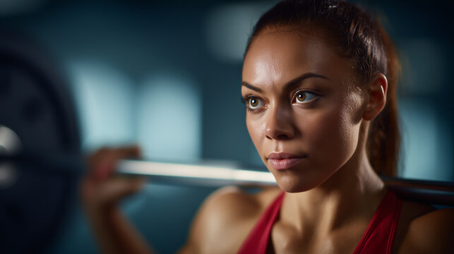 Athletic woman with a determined expression preparing to squat with a barbell on her shoulders