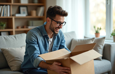 Fototapeta premium Young man sits on sofa at home. Happily opens cardboard box. Guy receives surprise package from online shopping. Smiles, feeling pleasure from new present. Modern living room with books, plants.