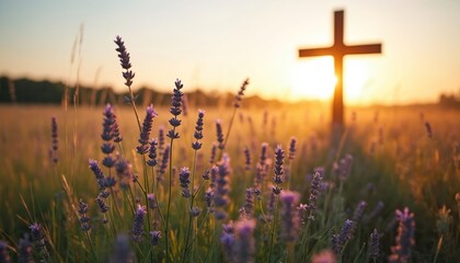 Christian cross stands in vivid purple wildflower meadow during golden hour. Warm sunlight beams through cross. Serene nature landscape shows blooming lavender flowers in peaceful field at dawn dusk,