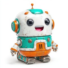 Cheerful robot joyfully laughing with hands on belly against a white background, radiating happiness and positivity.