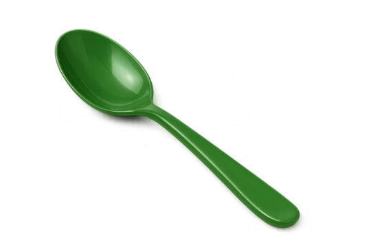 Green plastic spoon, a disposable eating utensil for meals, picnics, and fast food, transparent background - Powered by Adobe