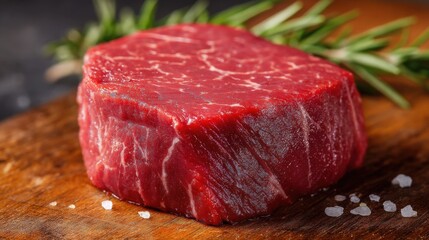 A vibrant raw beef steak is placed on a wooden cutting board surrounded by fresh rosemary and a sprinkle of sea salt, showcasing its rich color and texture.