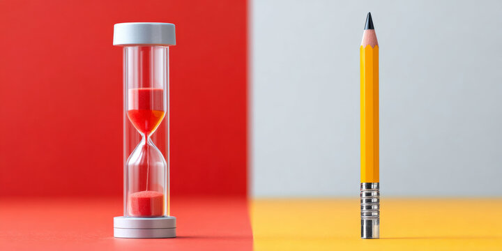 Close-up of red hourglass and yellow pencil standing upright on contrasting red and gray backgrounds symbolizing time and creativity