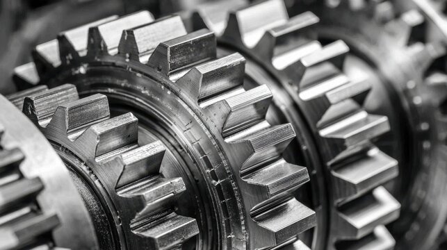 A close-up view of finely crafted metal gears positioned together. The texture and precise engineering highlight the complexity of machinery at work, emphasizing their functional design.