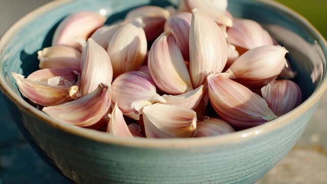 Fresh, whole red garlic cloves in a ceramic bowl.