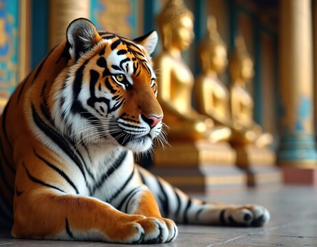 Tiger rests near golden Buddha statues inside ancient temple. Majestic big cat, powerful animal, near sacred religious site, serene calm atmosphere, Thailand cultural landmark, travel destination. - Powered by Adobe