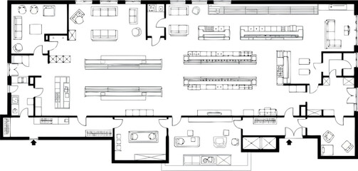 Architectural floor plan of a retail store layout with aisles and display areas