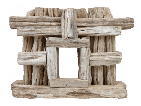 Rustic driftwood frame with natural weathered wood texture rectangular shape empty center isolated on transparency background eco friendly handmade artistic vintage decorative creative design