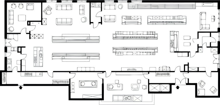 Architectural floor plan of a retail store layout with aisles and display areas