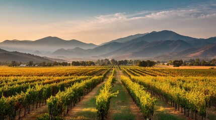Naklejka premium A breathtaking view of expansive vineyards stretches towards distant mountains under a colorful sunset sky. Healthy grapevines create neat rows in warm evening light.