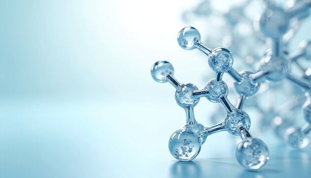 Abstract molecular structure on light blue background. Glass spheres with water bubbles form complex atomic model. Represents science, chemistry, modern medical tech research. Health, clear skin,