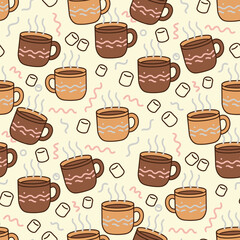 Merry Christmas Pattern Vector. Seamless Pattern Winter Background with Mugs, Marshmallows and Lines for Textile Print background.