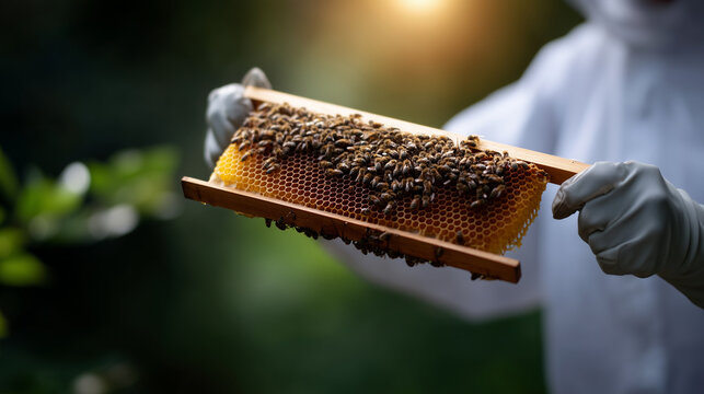 A close-up photo of a beekeeper in white protective clothing and gloves inspecting a wooden honeycomb frame densely covered with bees. The beekeeper holds the frame carefully using - Powered by Adobe