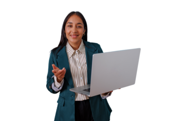 Professional businesswoman smiling, holding a laptop, gesturing and explaining, working online with transparent background