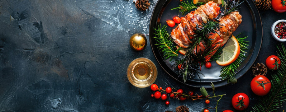 Horizontal banner for Finnish Independence Day celebration featuring traditional cuisine. Food arrangement with copy space, free space for text