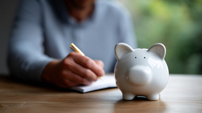 A white ceramic piggy bank and a small wooden house model placed on a wooden desk, with a person writing in a notebook in the blurred background. The scene represents home savings,