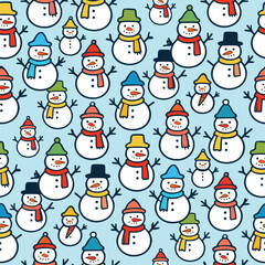 Christmas Pattern Vector. Seamless Christmas Snowman Pattern with Hat and Scarf. Merry Christmas Cheerful Seamless Pattern Background. Perfect for textile, wallpaper or print design.