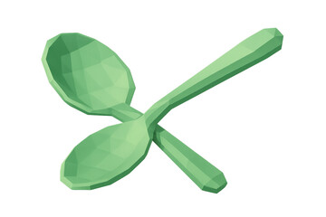 Green low poly spoons crossing, stylized kitchen cutlery in 3d rendering with transparent background