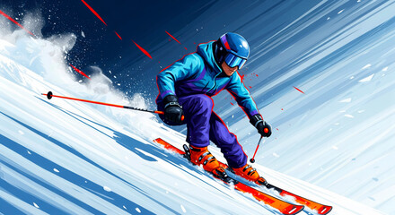 Dynamic Illustration of a Skier Skiing Down a Mountain Slope (Alternative: Action Shot of Extreme Winter Sports and Alpine Skiing)