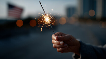 A close-up of a hand holding a bright sparkling sparkler in front of a waving American flag. Glowing red and orange bokeh lights float around, enhancing the festive atmosphere. The
