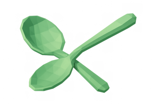 Green low poly spoons crossing, stylized kitchen cutlery in 3d rendering with transparent background