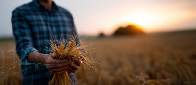 A farmer standing in a golden wheat field at sunset, holding a bundle of ripe wheat in his hands. Transparent digital graphs and data lines overlay the scene, symbolizing agricultu