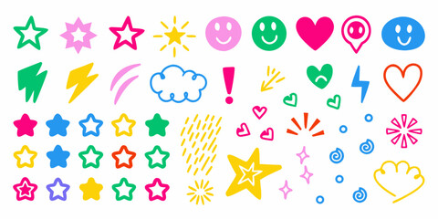 Vibrant collection of hand drawn doodle icons featuring stars hearts smiles clouds and lightning bolts