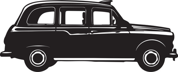 Black silhouette of a classic London taxi cab viewed from the side on a white background black cab vehicle on transparent background © PixelSaga MH2 