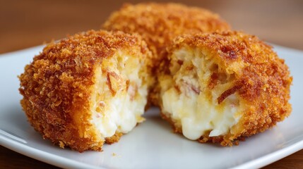 Two golden-brown croquettes are cut open, revealing a gooey cheese and meat filling. They are placed on a simple white plate, showcasing their crunchy exterior.