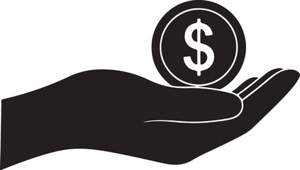 Black Silhouette of a Hand Holding a Coin with a Dollar Sign money on transparent background