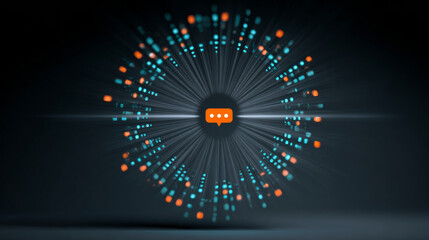 Abstract digital communication concept with glowing chat bubble icon surrounded by radial light beams and floating data points on dark background