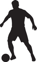 Black silhouette of a soccer player dribbling a ball on a white background football on transparent background