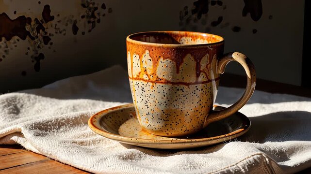 Rustic Ceramic Coffee Cup on White Cloth with Vintage Textured Design Capturing Warm Sunlight for a Cozy Morning Ambiance