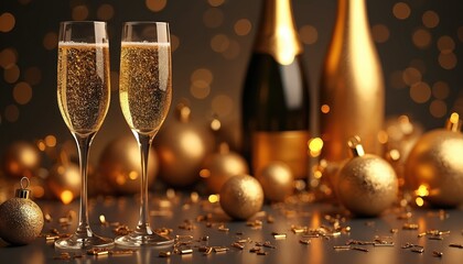 Obraz premium Two flutes of champagne sit on a table with golden balls and bottles. Confetti scatters around the glasses suggesting a festive and luxurious celebration.