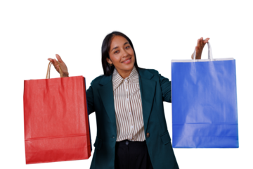 Happy woman holding red and blue shopping bags after successful purchase, consumer choice concept, transparent background