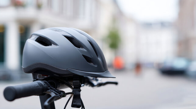 Close-up of a modern gray bicycle helmet resting on bike handlebars with urban street background in soft focus