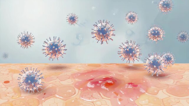 Microscope view of coronavirus in the blood. Includes a detailed look at viral particles interacting with red and white blood cells.