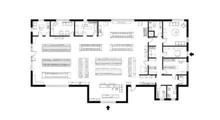 Floor plan of a supermarket layout with aisles, checkout counters, and back rooms