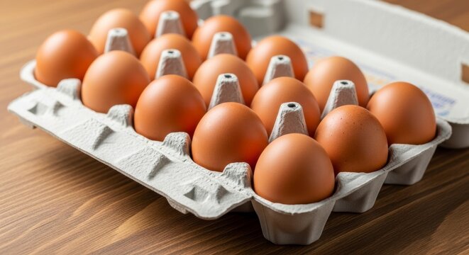 Farm Fresh: A dozen fresh, brown eggs rest perfectly within a cardboard container, the epitome of farm-fresh goodness and culinary potential.